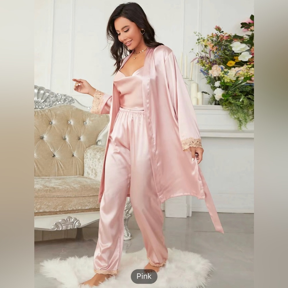 Blush Pink 3-piece Sets Silk Satin Cami Top & Pants With Robe Pajama Set - Picture 4 of 8